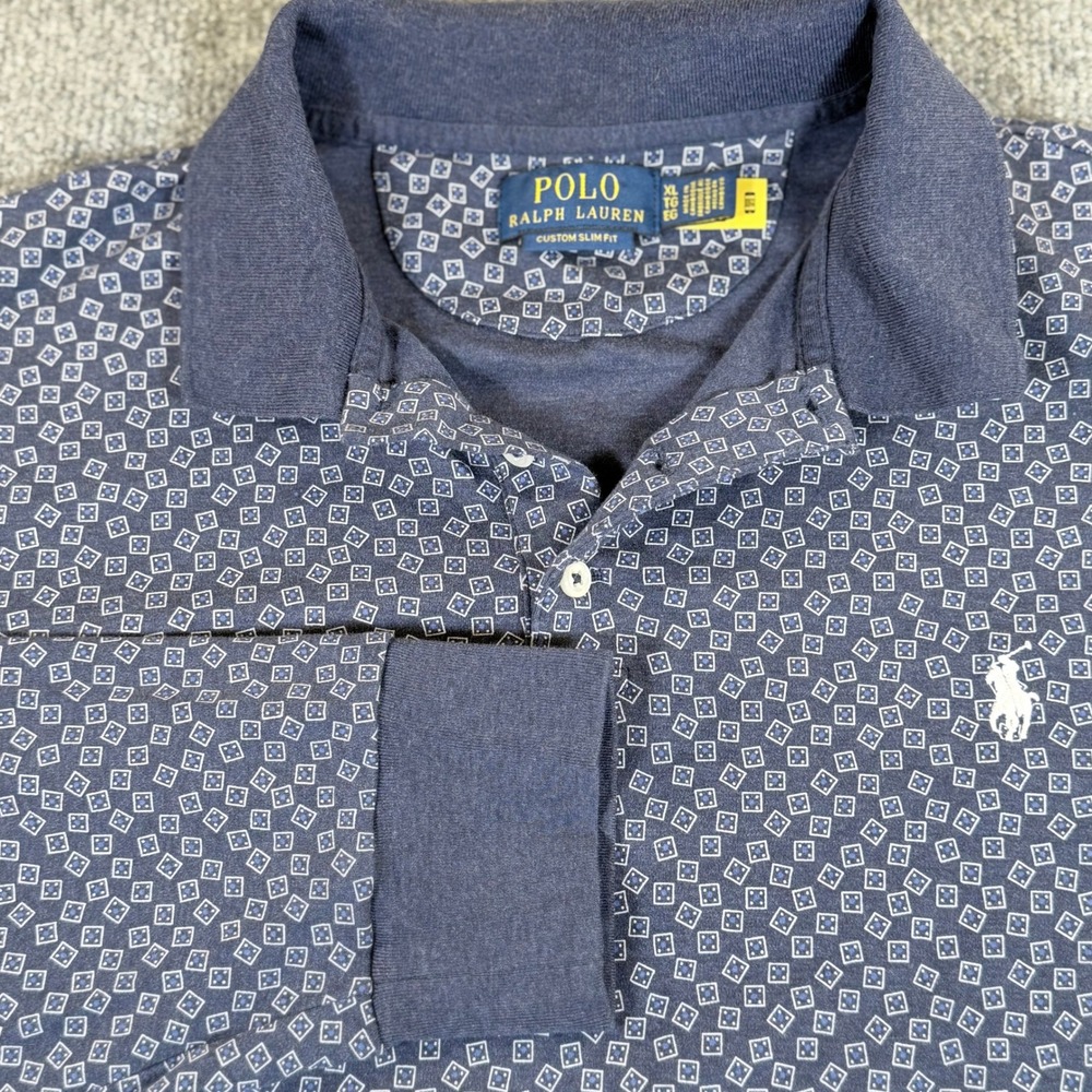 Polo Ralph Lauren Mens‎ XL Custom Slim Fit Long Sleeve Polo Navy Geometric 2839